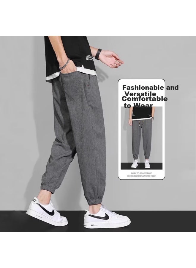Dingfengbaoluo Linen Casual Pants Men's Spring And Summer Fashion Brand Loose Sports Elastic Nine-point Pants Wx09 Gray 3XL - Image 2