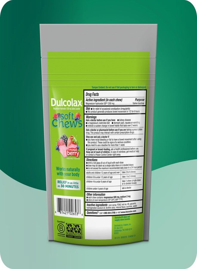 Dulcolax Saline Laxative Soft Chews, Fast-Acting Laxative, Gentle Constipation Relief, Mixed Berry Flavor, Magnesium Hydroxide 1200 mg, 30 Count, Occasional Constipation. - Image 3