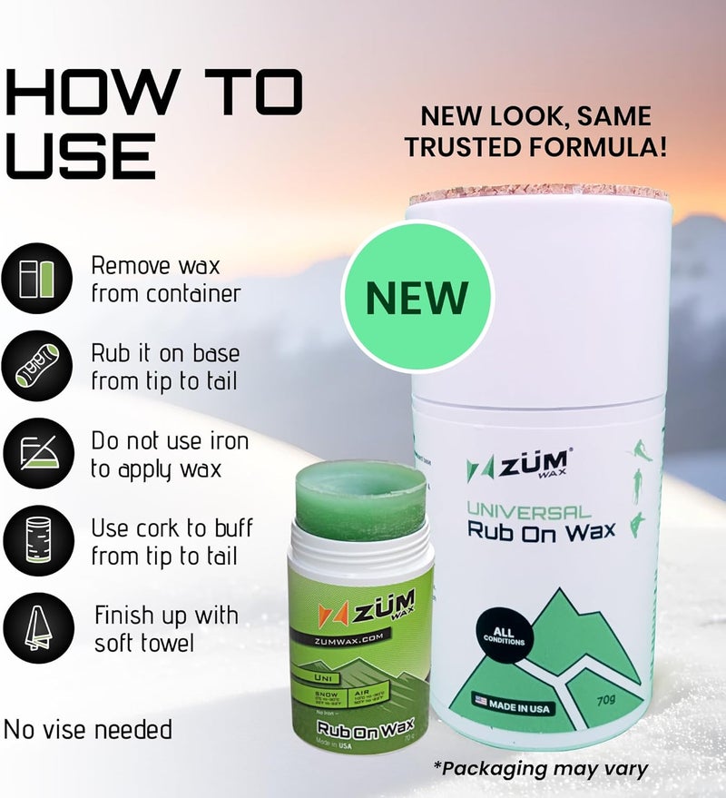 ZÜMWAX ZUMWax Rub-On Ski/Snowboard/Nordic/Cross-Country Wax 70g, UNIVERSAL, Easy cork applicator, long-lasting performance, secret vanilla scent, Made in USA, PFAS-free Great for quick waxing on the go - Image 1