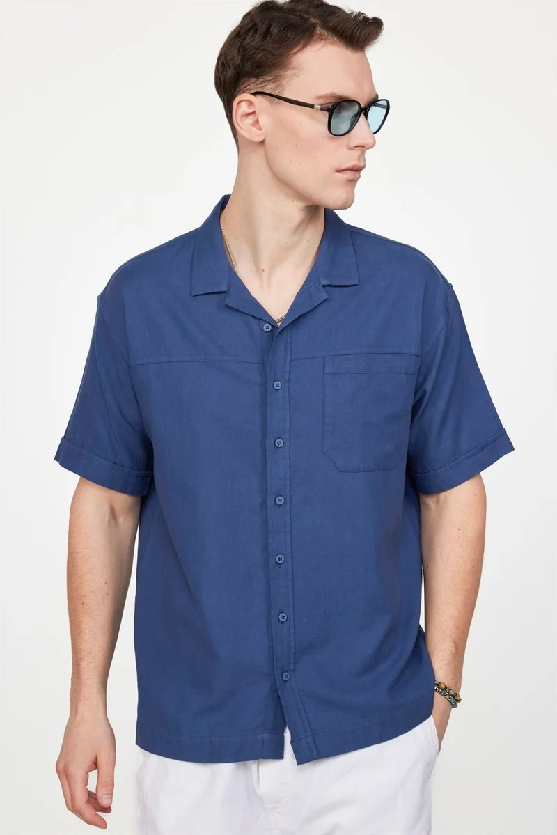 Tudors Relax Fit Side Slit Open Collar Linen Effect Navy Blue Shirt