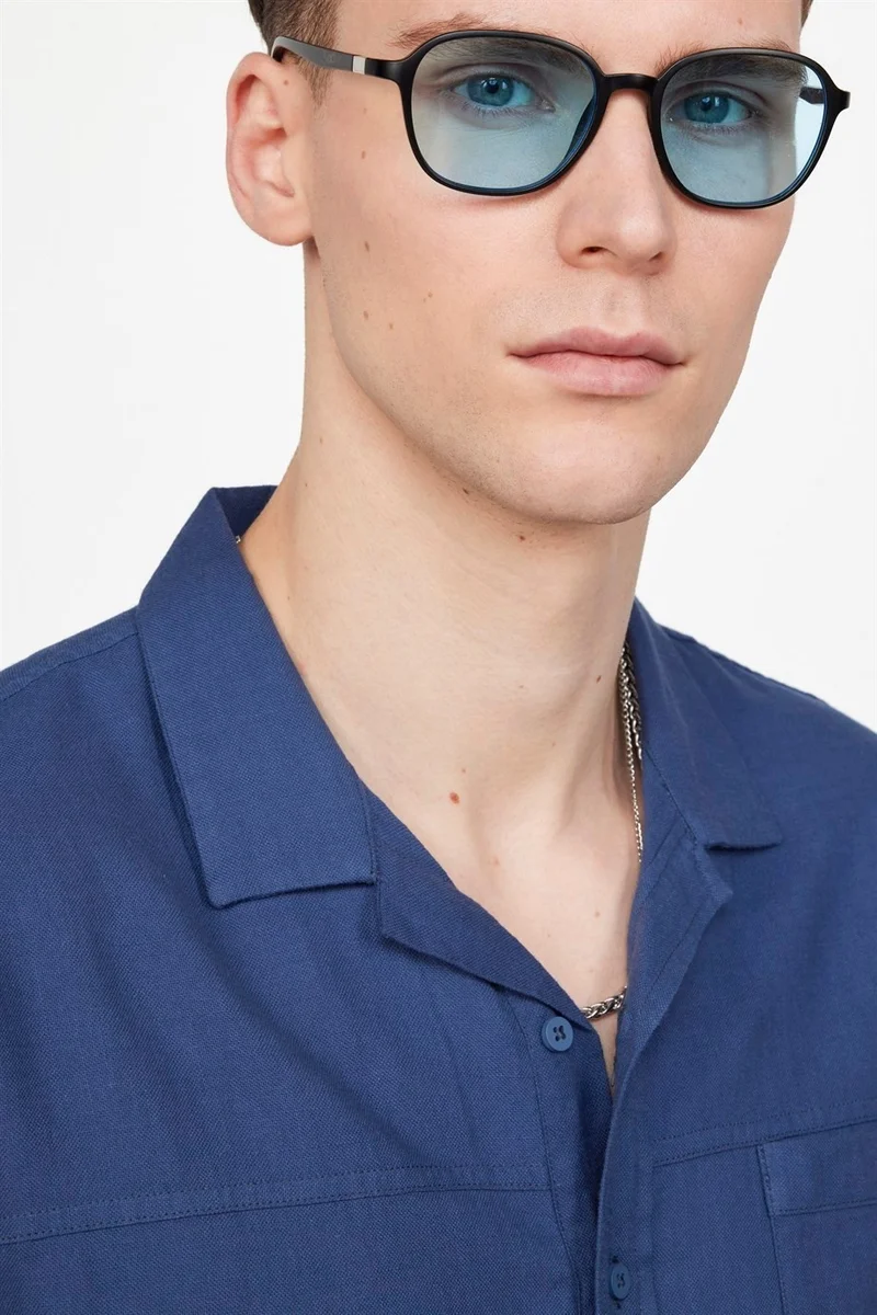 تودورس Relax Fit Side Slit Open Collar Linen Effect Navy Blue Shirt