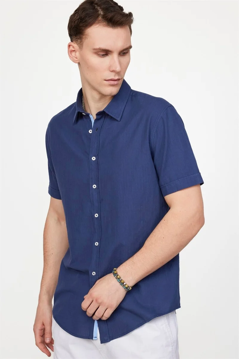 Tudors Relax Fit Side Slit Open Collar Linen Effect Navy Blue Shirt