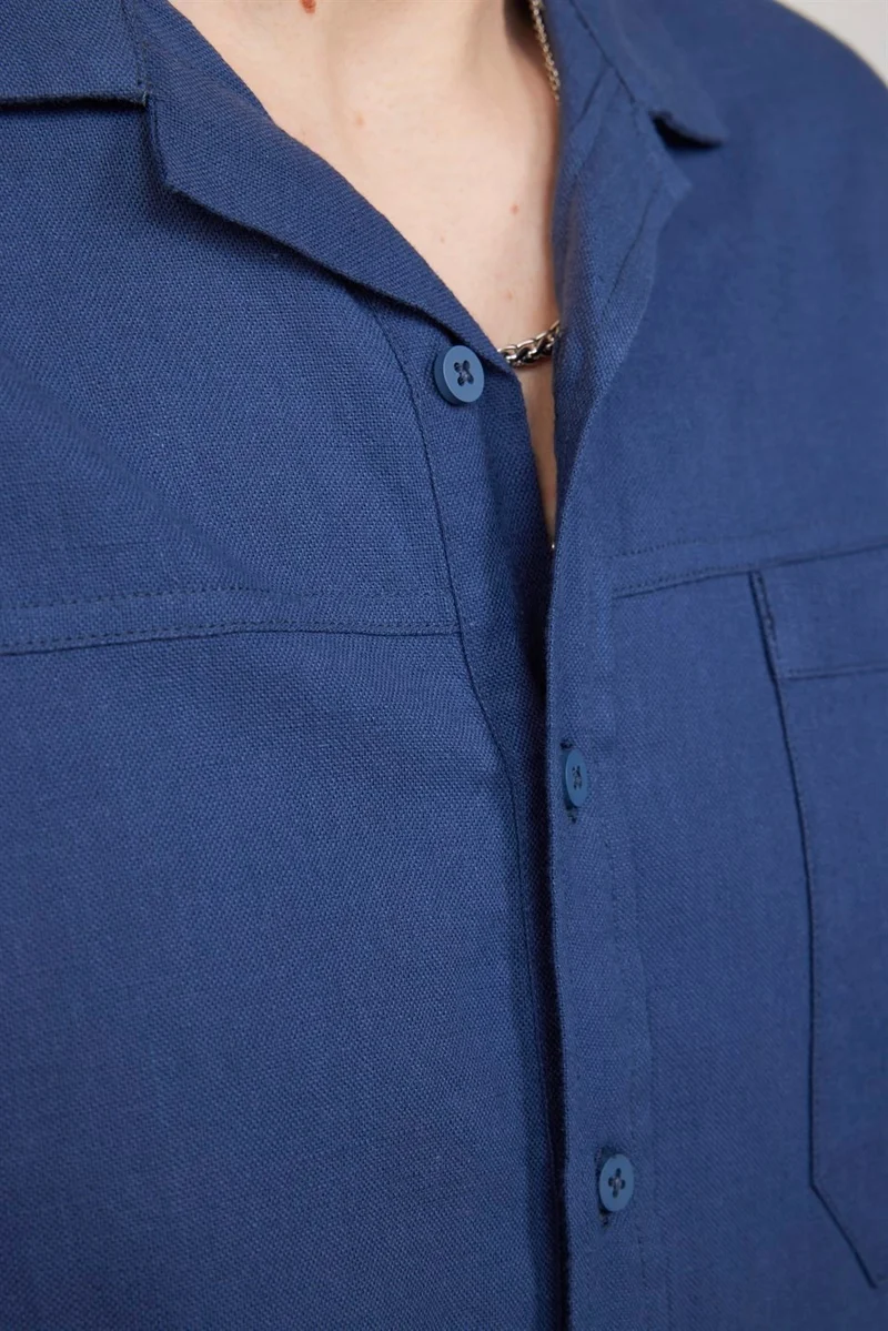 تودورس Relax Fit Side Slit Open Collar Linen Effect Navy Blue Shirt