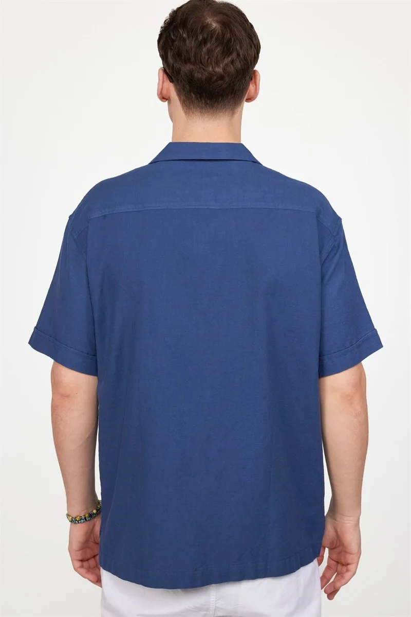 تودورس Relax Fit Side Slit Open Collar Linen Effect Navy Blue Shirt