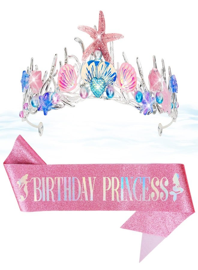 CIEHER Pink Mermaid Crown and Birthday Sash for Women Girls - Alloy, Rhinestone, Resin - Fantasy - Female - Pink - Wedding - Women's Accessory - Image 1