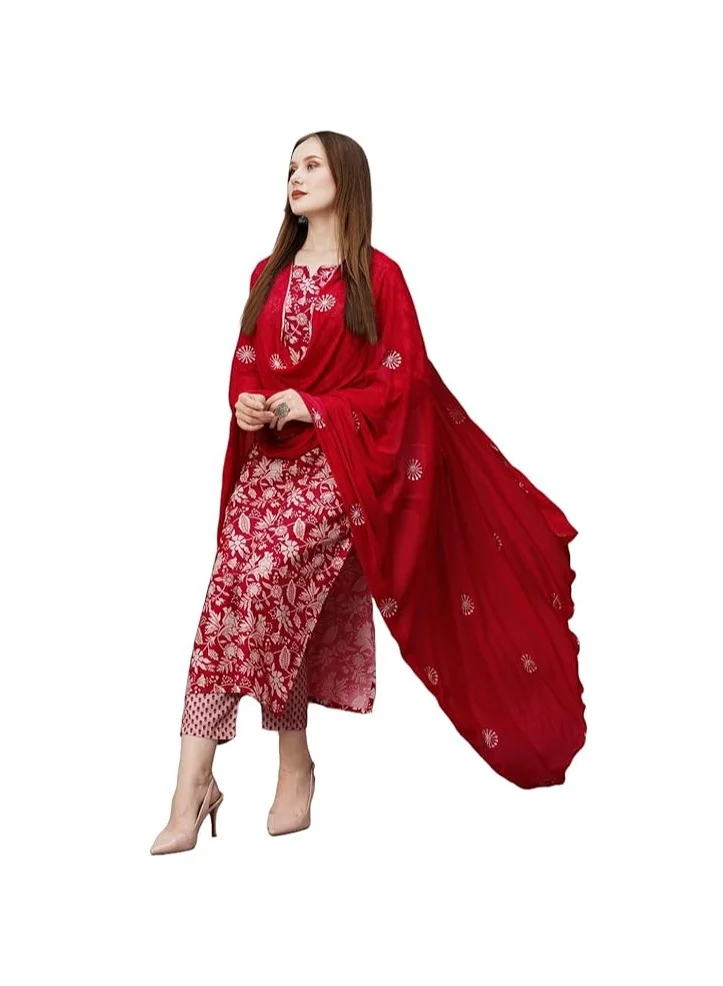 GoSriKi GoSriKi Women's Cotton Blend Straight Printed Kurta with Pant & Dupatta (MEI RED-NW-GS_L_Red_Large)