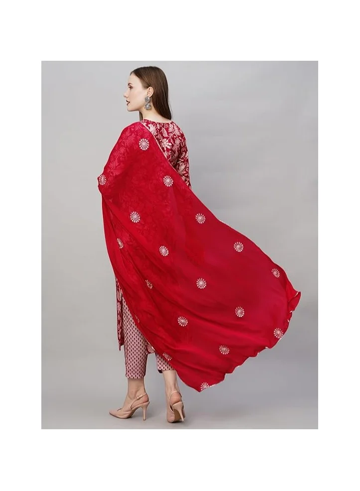 GoSriKi GoSriKi Women's Cotton Blend Straight Printed Kurta with Pant & Dupatta (MEI RED-NW-GS_L_Red_Large)
