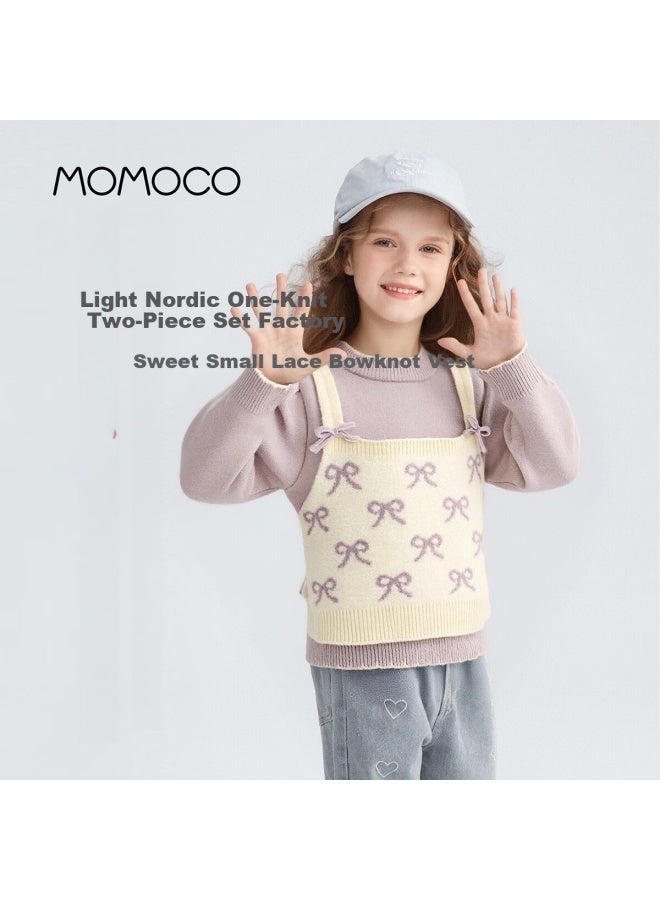 Momoco Kids Winter Thick Sweater Girls Knitwear Sweet Two-in-one Purple 110 - Image 1