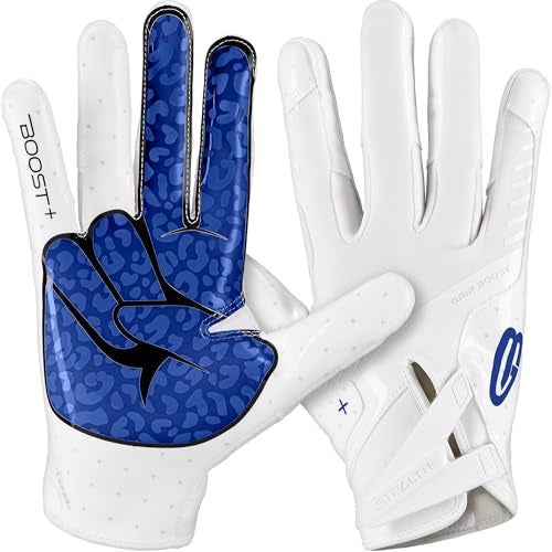 Grip Boost Football Gloves Peace Stealth 60 Boost Plus Sticky Technology Adult and Youth Football Gloves for Wide Receiver Mens and Boys Sizes WhiteRoyal Blue Youth Large - Image 1
