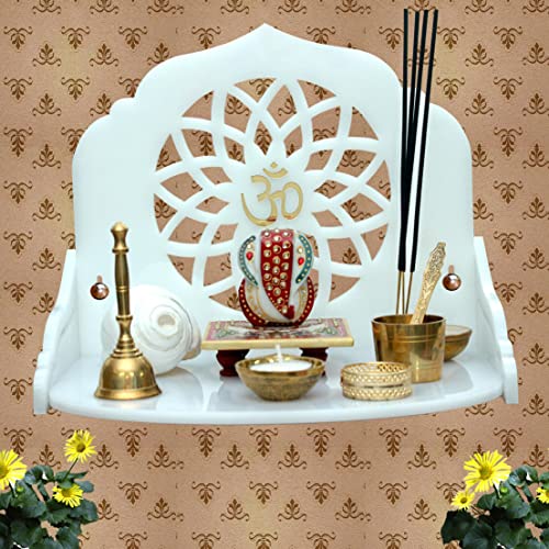 Heartily® : Acrylic MANDALA Wall Mounted White Cast Acrylic Home Pooja Temple Mandir Puja Room items stand Home Decor Office Chowki Shelf Hanging Product (Height- 9.92, Length- 12 , Width-9.0 Inch) (White) - Image 1