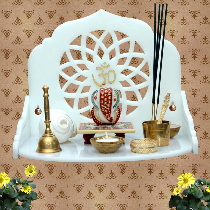 Heartily® : Acrylic MANDALA Wall Mounted White Cast Acrylic Home Pooja Temple Mandir Puja Room items stand Home Decor Office Chowki Shelf Hanging Product (Height- 9.92, Length- 12 , Width-9.0 Inch) (White) - Image 4