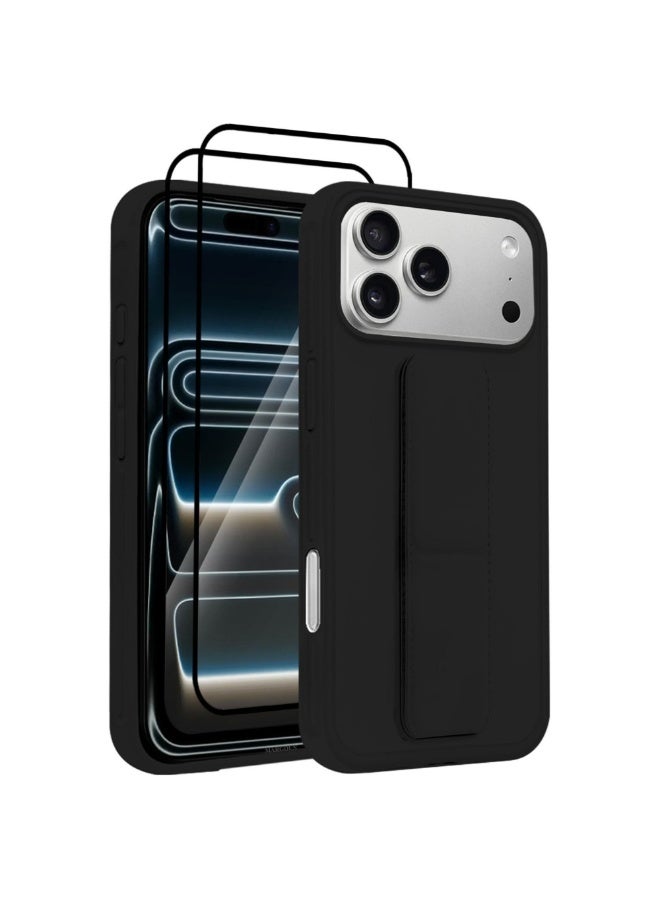 3 حافظات جلدية فاخرة من البولي يوريثان لهاتف آيفون 17 برو ماكس، مزودة بوظيفة حامل، مقاومة للصدمات والخدوش، مع مسكة مريحة للأصابع، بالإضافة إلى واقيين للشاشة ثلاثي الأبعاد. - Image 1