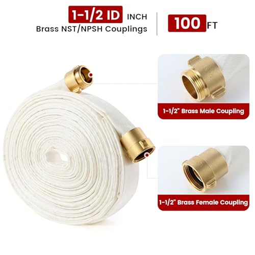 ACYOGIE Fire Hose 112 ID x 100 FT Firefighter Hose White Industrial Flat Water Hose with M x F NSTNH Brass Couplings for Indoor Outdoor Fire Home Garden Irrigation - Image 3