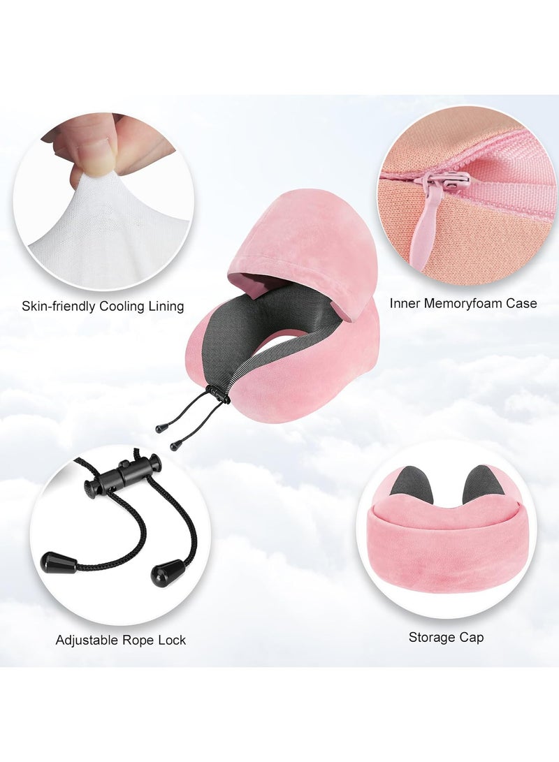 Portable Memory Foam Travel Pillow with Hood, Dark Flights Sleeping, Pink - Image 2