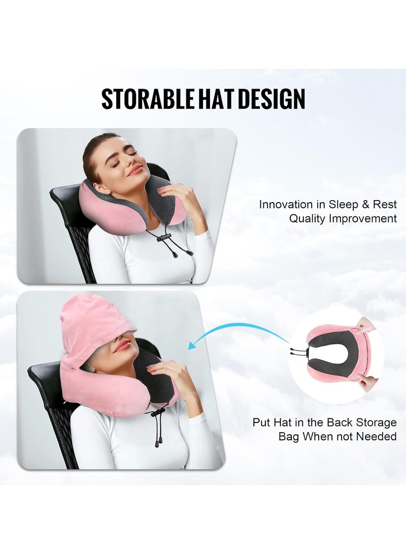 Portable Memory Foam Travel Pillow with Hood, Dark Flights Sleeping, Pink - Image 4