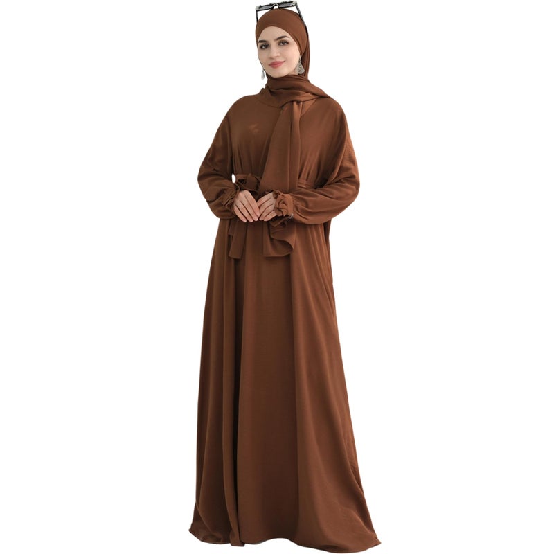 khalat Women Muslim Dress Middle East Arabian Robe Islamic Modest Dress with Hijab Scarf Lace Sleeve Flowy Abaya DressCoffee - Image 4