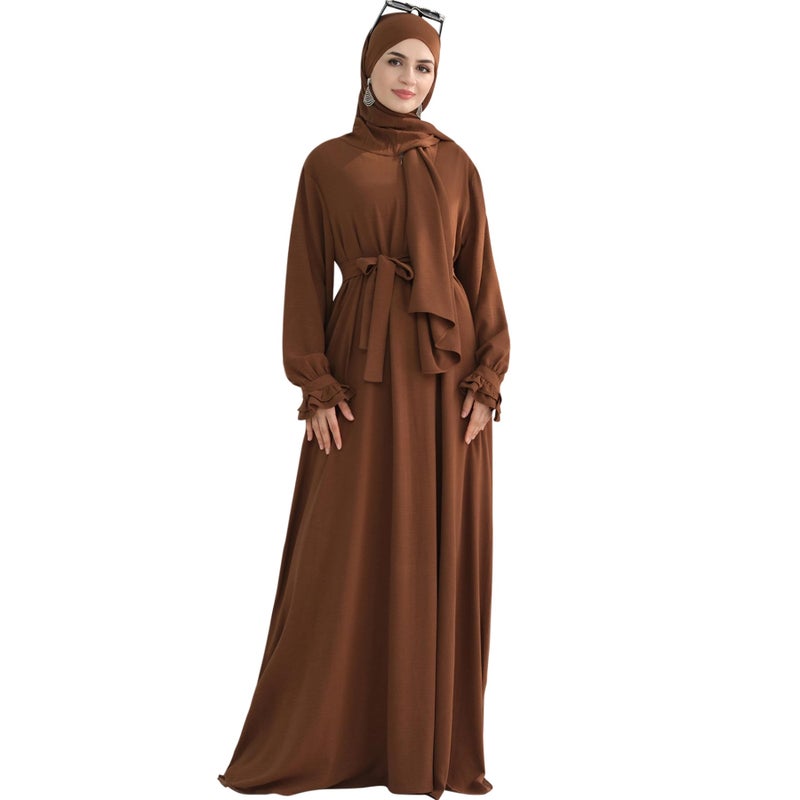 khalat Women Muslim Dress Middle East Arabian Robe Islamic Modest Dress with Hijab Scarf Lace Sleeve Flowy Abaya DressCoffee - Image 5