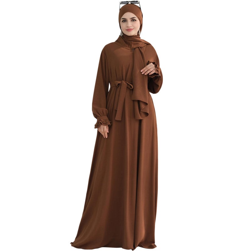 khalat Women Muslim Dress Middle East Arabian Robe Islamic Modest Dress with Hijab Scarf Lace Sleeve Flowy Abaya DressCoffee - Image 1