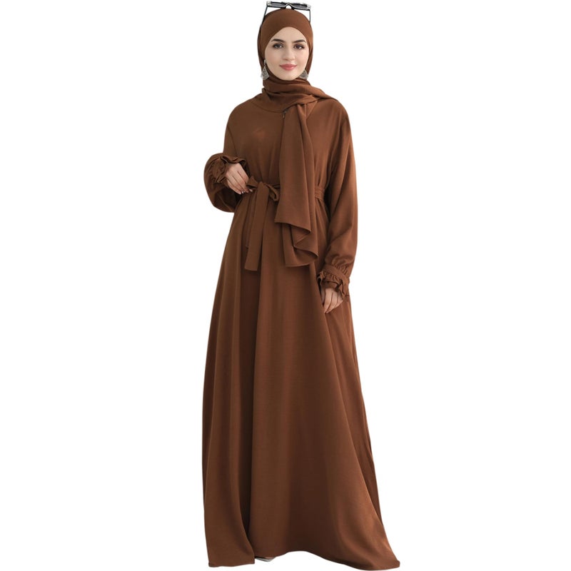khalat Women Muslim Dress Middle East Arabian Robe Islamic Modest Dress with Hijab Scarf Lace Sleeve Flowy Abaya DressCoffee - Image 2