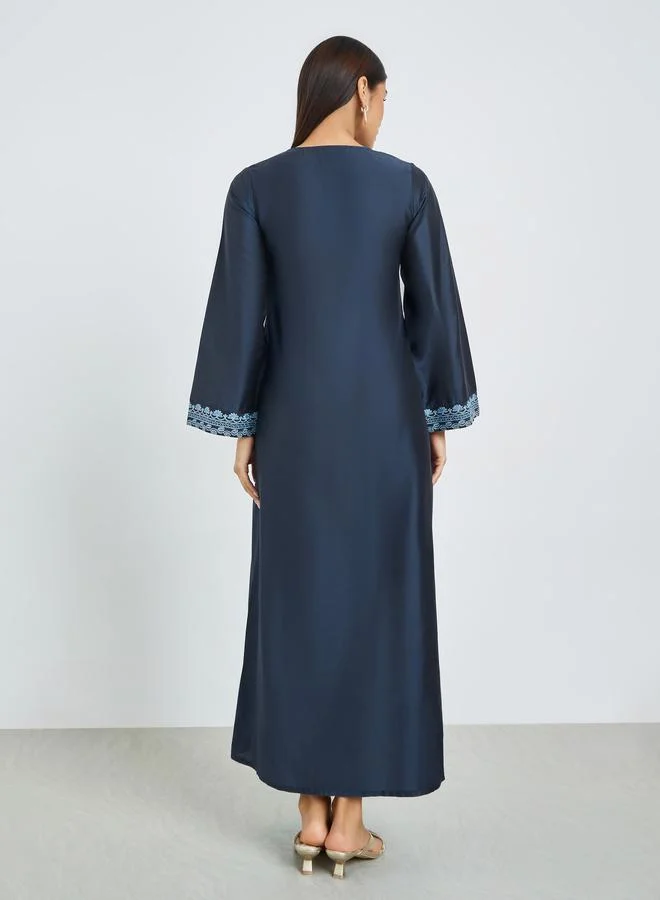 Amirah  Navy Blue Embroidered Yoke Jalabiya for Women | Best Price UAE