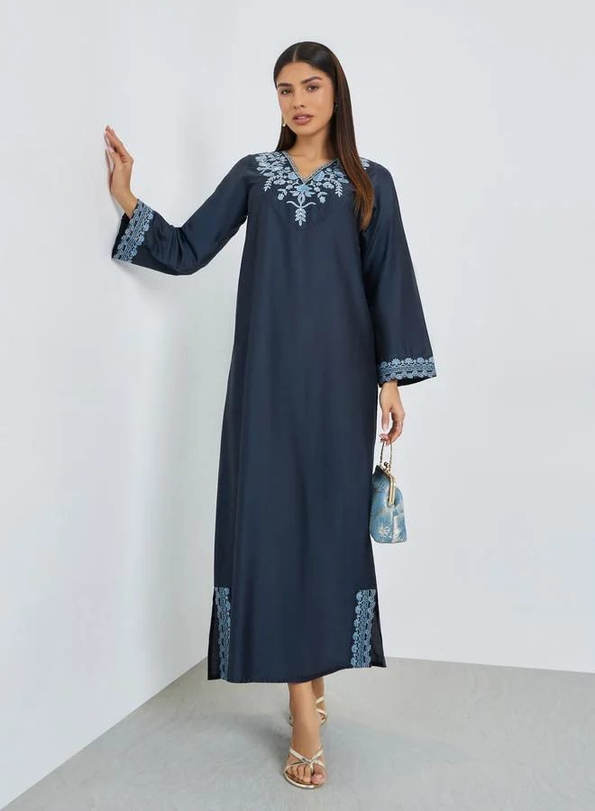 Amirah Navy Blue Embroidered Yoke Jalabiya