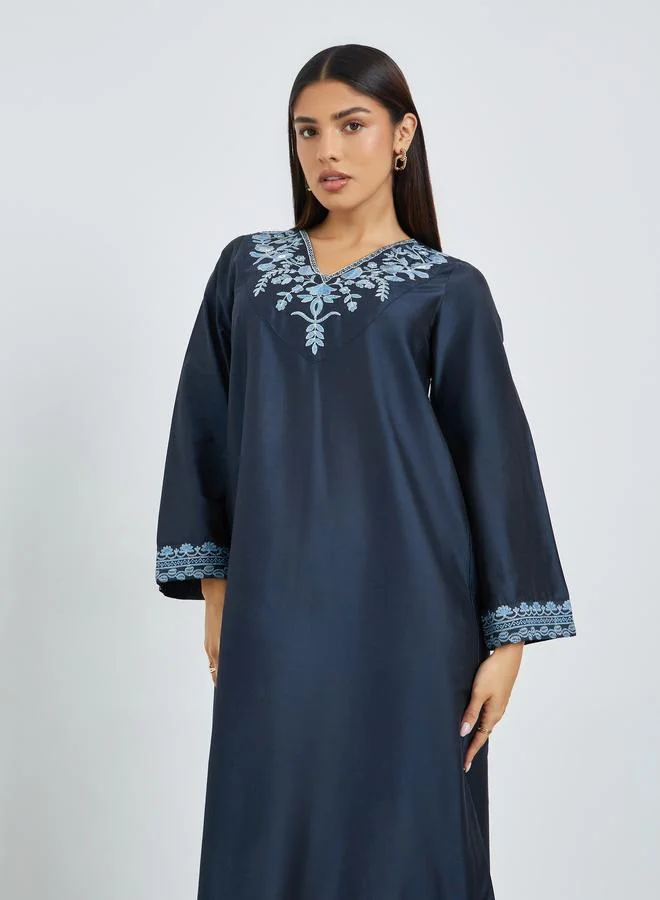 Amirah Navy Blue Embroidered Yoke Jalabiya