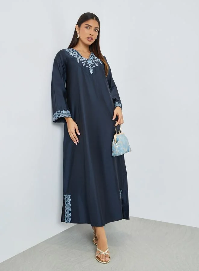 Amirah  Navy Blue Embroidered Yoke Jalabiya for Women | Best Price UAE