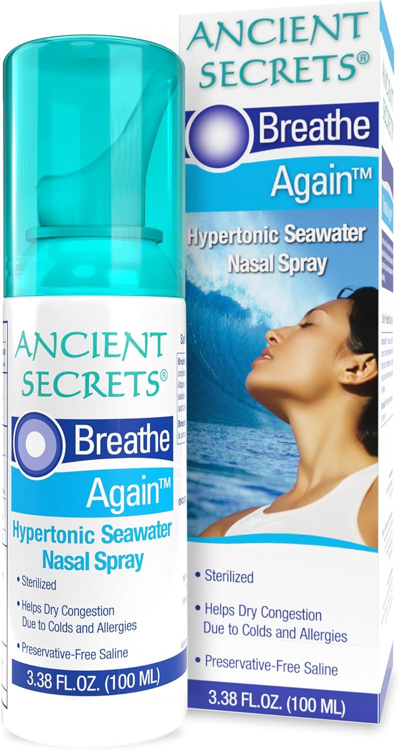 ANCIENT SECRETS ANCIENT SECRETS Saline Nasal Spray - Breath Again Hypertonic Seawater Nasal Spray, Allergy & Sinus Relief, Nasal Congestion Moisturizer, 3.38 Fl Oz 