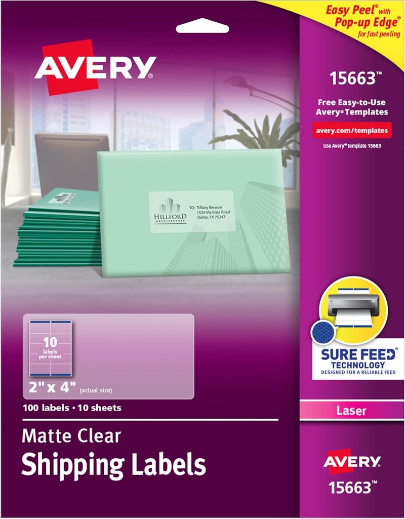 Avery Matte Clear Shipping Labels, 2" x 4", 100 Blank Mailing Labels with Sure Feed Technology - Image 1