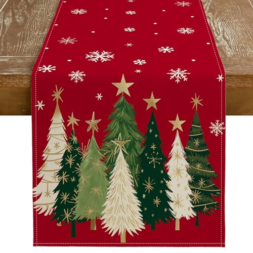 BharatBazaar Christmas Table Runner, Xmas Trees Snowflakes Winter Holiday Decorative Farmhouse Table Decorations for 4-6 Seater, Indoor Outdoor Dinner Party Decor (Red) - Image 1
