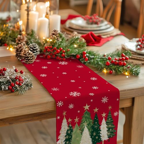 BharatBazaar Christmas Table Runner, Xmas Trees Snowflakes Winter Holiday Decorative Farmhouse Table Decorations for 4-6 Seater, Indoor Outdoor Dinner Party Decor (Red) - Image 2