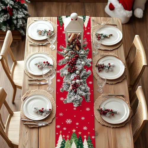 BharatBazaar Christmas Table Runner, Xmas Trees Snowflakes Winter Holiday Decorative Farmhouse Table Decorations for 4-6 Seater, Indoor Outdoor Dinner Party Decor (Red) - Image 4
