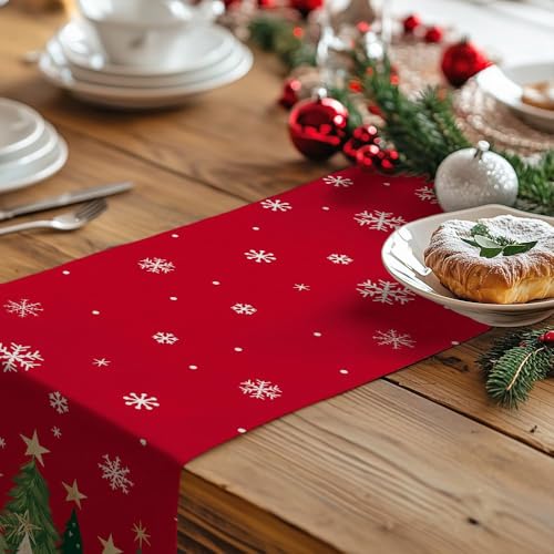 BharatBazaar Christmas Table Runner, Xmas Trees Snowflakes Winter Holiday Decorative Farmhouse Table Decorations for 4-6 Seater, Indoor Outdoor Dinner Party Decor (Red) - Image 5