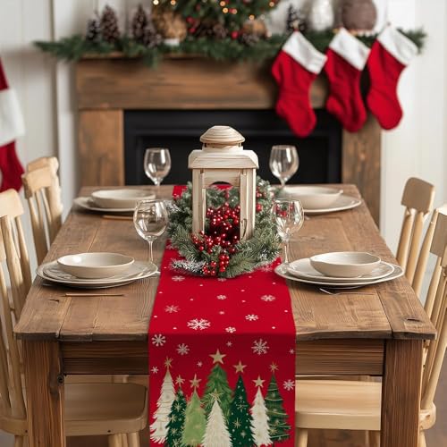 BharatBazaar Christmas Table Runner, Xmas Trees Snowflakes Winter Holiday Decorative Farmhouse Table Decorations for 4-6 Seater, Indoor Outdoor Dinner Party Decor (Red) - Image 3