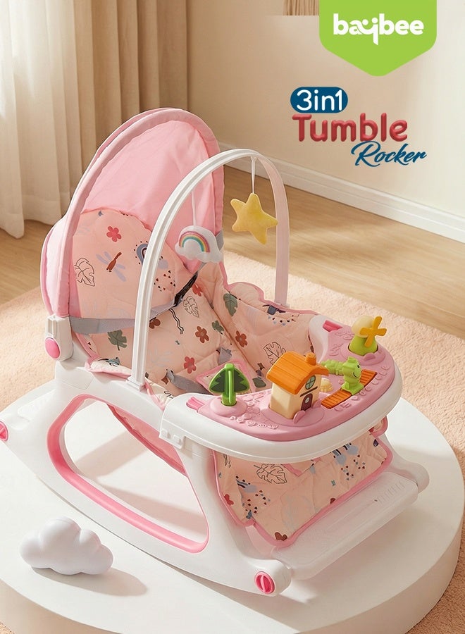 BAYBEE 3 in 1 Baby Rocker & Feeding Chair | Baby Rocking Chair for Kids with Soothing Rocking Motion, Adjustable Recline, Removable Food & Toy Tray, Safety Harness | Baby Rocker for Kids 0 to 3 Years Pink - Image 3