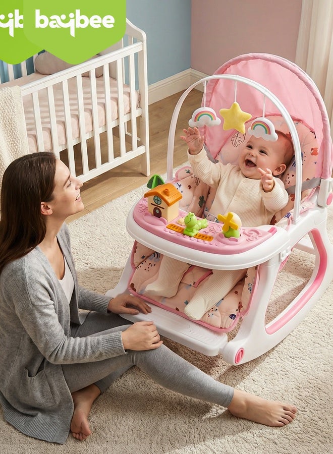BAYBEE 3 in 1 Baby Rocker & Feeding Chair | Baby Rocking Chair for Kids with Soothing Rocking Motion, Adjustable Recline, Removable Food & Toy Tray, Safety Harness | Baby Rocker for Kids 0 to 3 Years Pink - Image 2