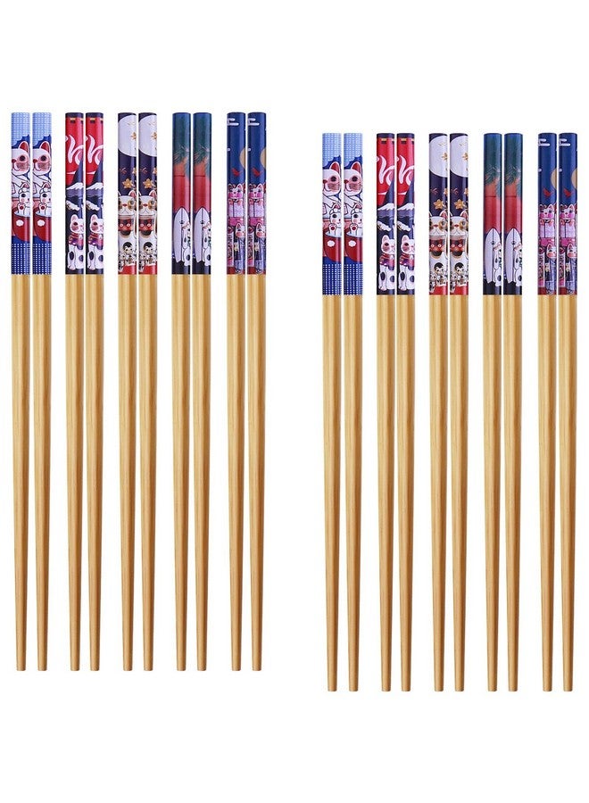 GLAMFIELDS 10Pairs Handmade Natural Bamboo Chopsticks Healthy Asian Japanese Korean Noodles Sushi Chopsticks Set Reusable Gift Tableware-Cute Cat Drawing - Image 1