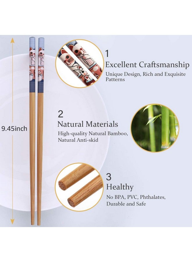 GLAMFIELDS 10Pairs Handmade Natural Bamboo Chopsticks Healthy Asian Japanese Korean Noodles Sushi Chopsticks Set Reusable Gift Tableware-Cute Cat Drawing - Image 2