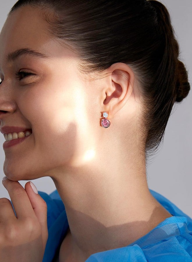 MINUTIAE Pink Round Solitaire Ear Tops Stud Earring With White Solitaire Crystal Diamond for Women and Girls - Image 4