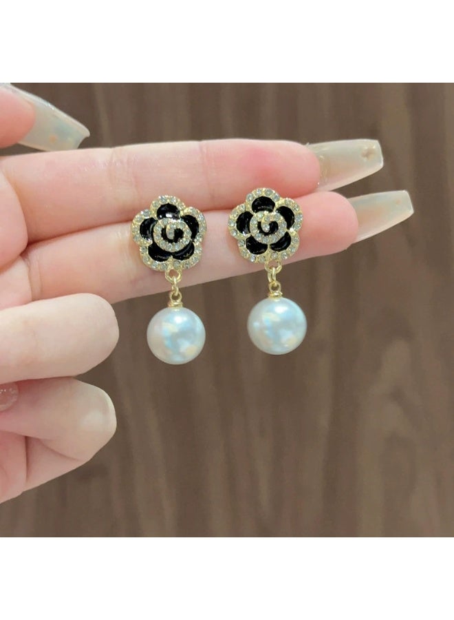 Goolsky 925 Sterling Silver Korean Black Rose Pearl Flower Petal Stud Earrings – Elegant High-End Jewelry, Black Rose & Pearls, Formal/Parties/Weddings, Hypoallergenic Anti-Tarnish - Image 2