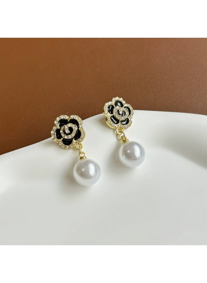 Goolsky 925 Sterling Silver Korean Black Rose Pearl Flower Petal Stud Earrings – Elegant High-End Jewelry, Black Rose & Pearls, Formal/Parties/Weddings, Hypoallergenic Anti-Tarnish - Image 3