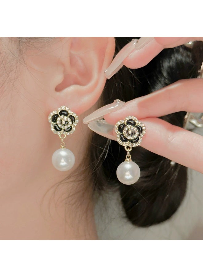 Goolsky 925 Sterling Silver Korean Black Rose Pearl Flower Petal Stud Earrings – Elegant High-End Jewelry, Black Rose & Pearls, Formal/Parties/Weddings, Hypoallergenic Anti-Tarnish - Image 1