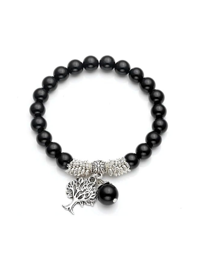 8MM Black Amethyst Natural Gemstone Life Tree Lucky Charm Stretch Bracelet  - Image 1
