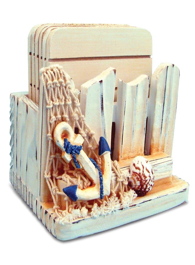 Puzzled COTA Global Nautical Wooden Coaster and Holder Set - Rustic Circle Coaster Set with Holder, Cute Beach Theme Drink Coasters Set for Spill and Scratch Free Tabletop - 6 Coasters and 1 Holder Set - Image 1