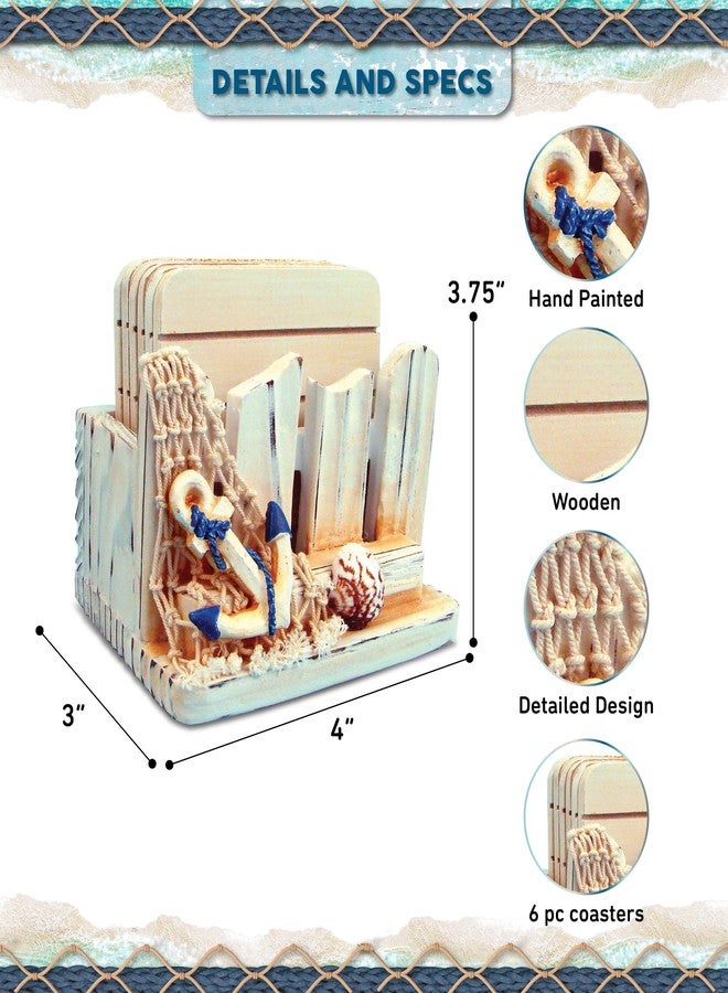 Puzzled COTA Global Nautical Wooden Coaster and Holder Set - Rustic Circle Coaster Set with Holder, Cute Beach Theme Drink Coasters Set for Spill and Scratch Free Tabletop - 6 Coasters and 1 Holder Set - Image 2