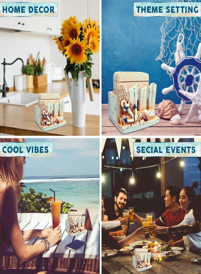 Puzzled COTA Global Nautical Wooden Coaster and Holder Set - Rustic Circle Coaster Set with Holder, Cute Beach Theme Drink Coasters Set for Spill and Scratch Free Tabletop - 6 Coasters and 1 Holder Set - Image 3