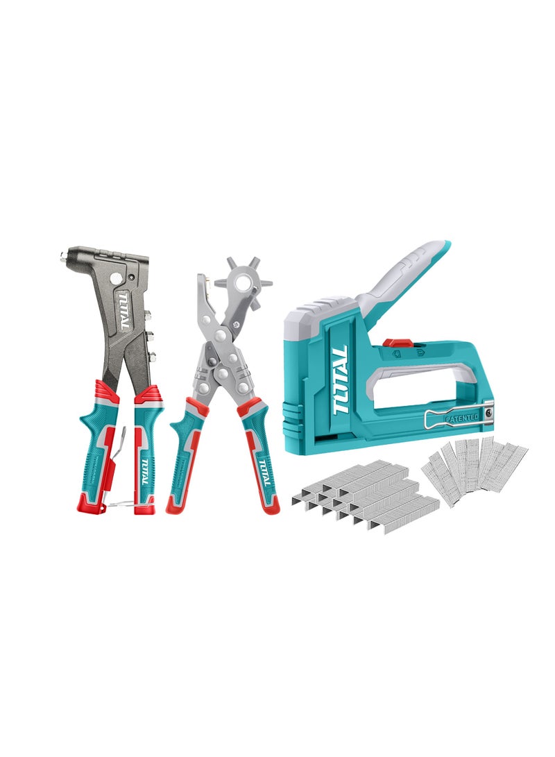TOTAL Total Professional Fastening Tool Set, 3-Piece with Stapler, Riveter and Hole Punch, 1000 Fasteners  - Image 1