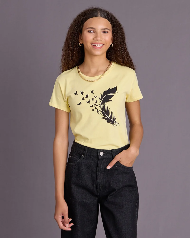 Redtag Girls Yellow Printed T-Shirt