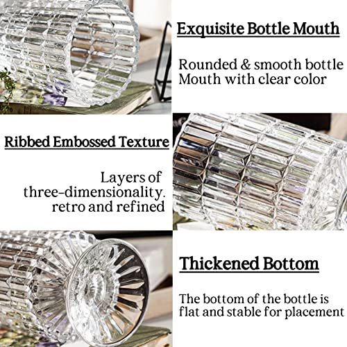 BLOFLO STU BLOFLO Embossed Glass Vase, 7'' Crystal Glass Vases, Pedestal Big Base Glass Bouquet Vase, Hydroponic Glass Transparent Vase for Home Office Wedding Dining Table Party (Ribbed Pattern) - Image 4