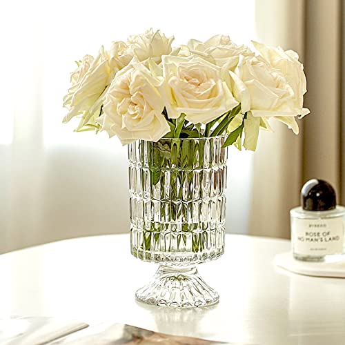 BLOFLO STU BLOFLO Embossed Glass Vase, 7'' Crystal Glass Vases, Pedestal Big Base Glass Bouquet Vase, Hydroponic Glass Transparent Vase for Home Office Wedding Dining Table Party (Ribbed Pattern) - Image 3